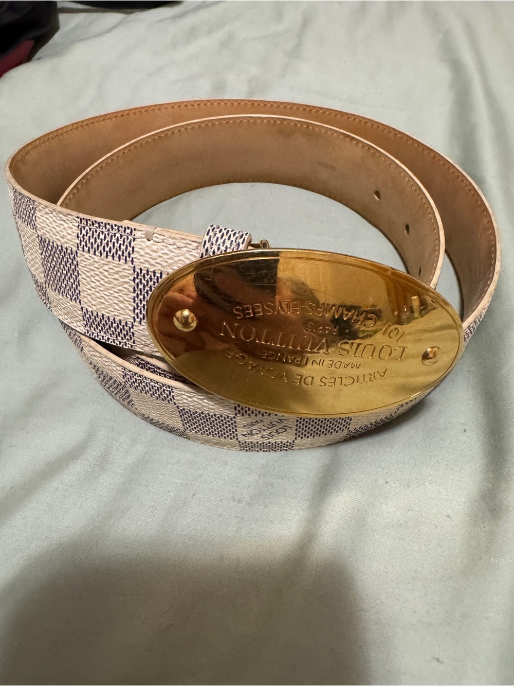 Louis Vuitton Damier Azur Canvas Belt with Gold Oval Plaque